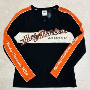 Women’s Large Embroidered Harley-Davidson Black, Cream, and Orange V-Neck Shirt